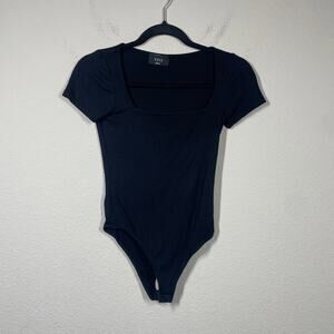 Vici Womens Size Small Square Neck Rib Playsuit Bodysuit Black Short Sleeves